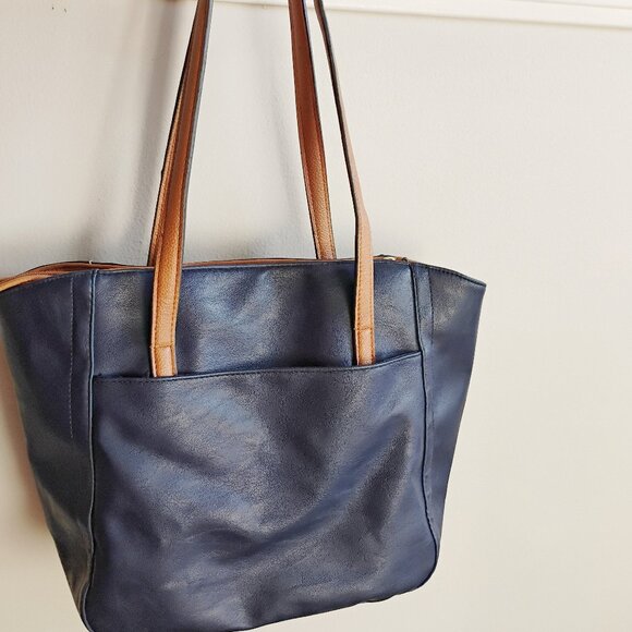 Rosetti Navy Blue & Tan Faux Leather Tote Bag with Multiple Pockets - Picture 4 of 8